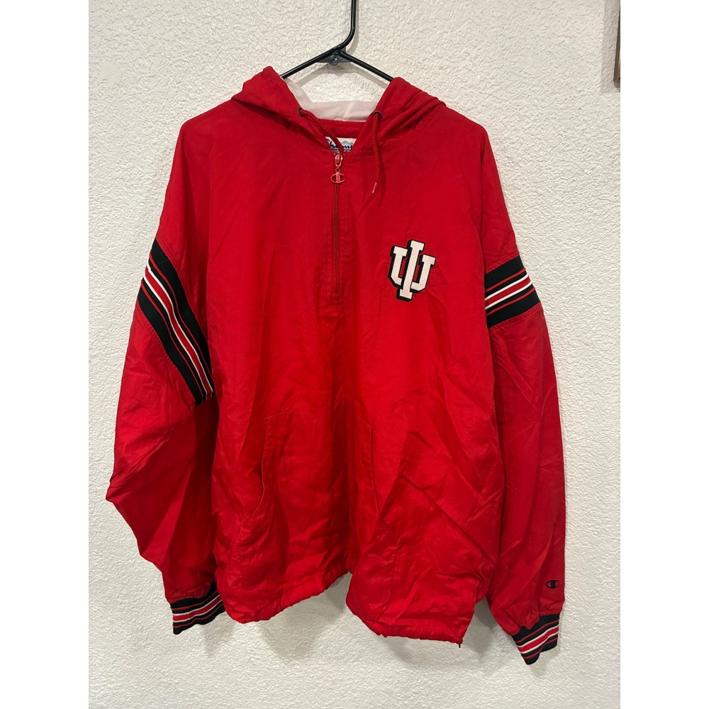 Vintage Indiana University Champion 1/4 Zip Hooded Windbreaker Sewn Spellout XL